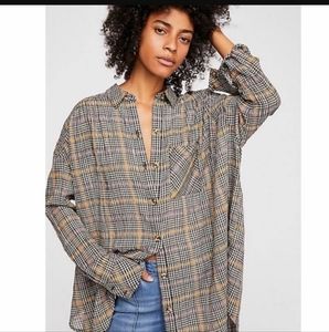 Free People Grey Plaid button collar tunic top break my stride S P